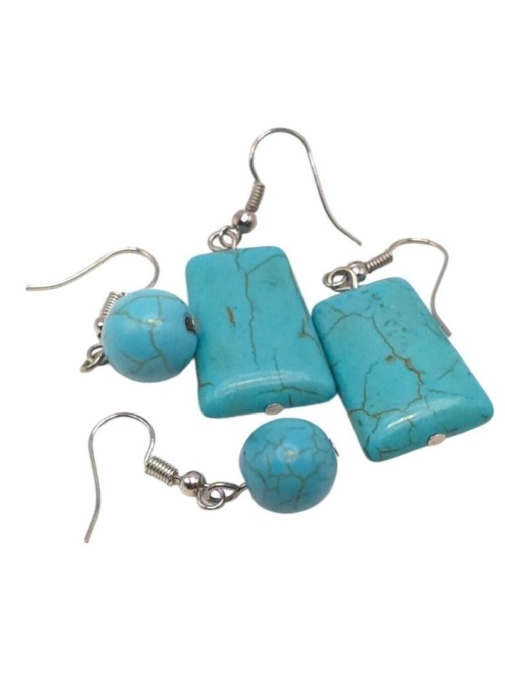 Turquoise Stone Dangle Earrings Set With Rectangular & Round Stone Design - Picture 2 of 4